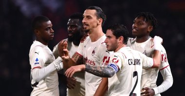 AC Milan's Zlatan Ibrahimovic (C) celebrates with teammates after scoring in a Serie A match against Bologna at the Renato-Dall'Ara stadium in Bologna, Italy, Oct. 23, 2021. (AFP Photo)