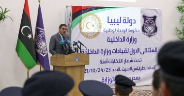 Libyan interim Prime Minister Abdulhamid Dbeibah speaks during a meeting at the Interior Ministry in the capital Tripoli, Libya, Oct. 23, 2021 (AFP Photo)