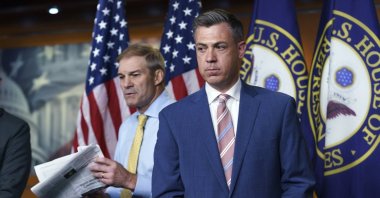 Rep. Jim Banks (C) and Rep. Jim Jordan (L) exchange places at the podium during a news conference after House Speaker Nancy Pelosi rejected the two for the committee investigating the Jan. 6 Capitol insurrection, at the Capitol in Washington, D.C., U.S., July 21, 2021. (AP Photo)