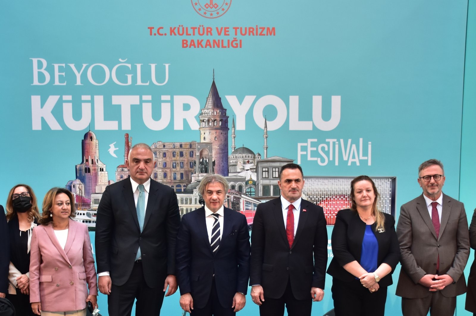 Culture and Tourism Minister Mehmet Nuri Ersoy (3rd L) is seen during the publicity event for the Beyoğlu Culture Road Festival alongside deputy ministers and other officials in Istanbul, Turkey, Oct. 22, 2021. (AA Photo)