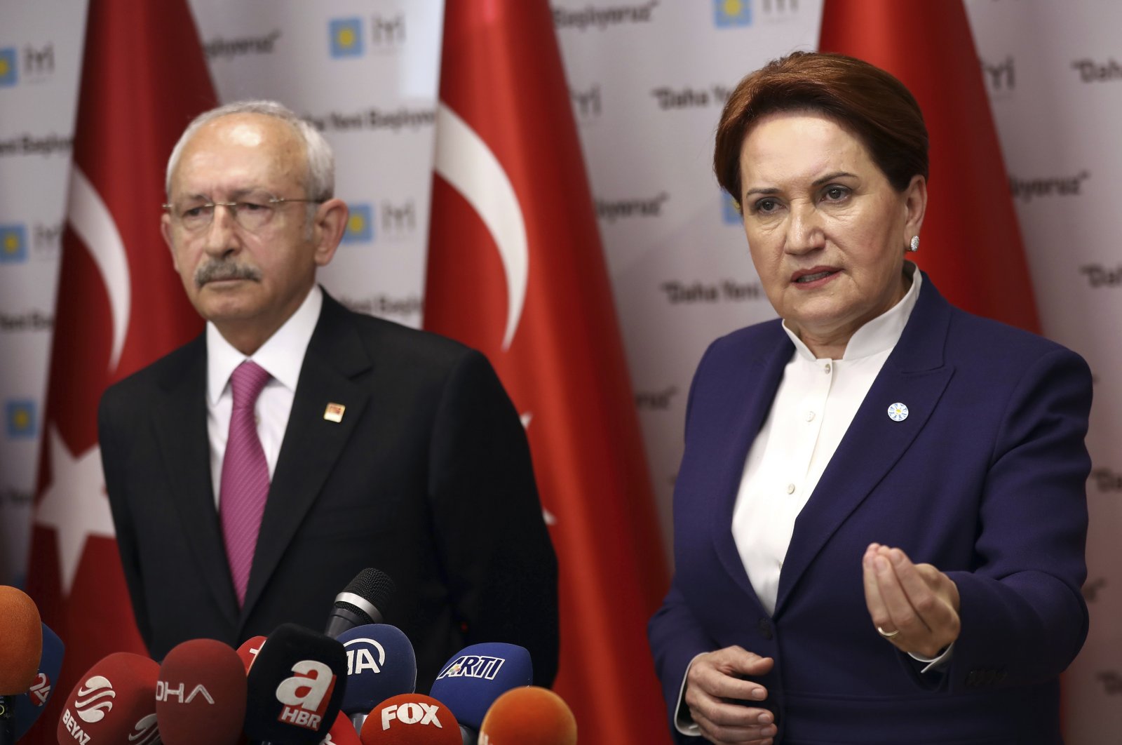 Main opposition Republican People's Party (CHP) Chairperson Kemal Kılıçdaroğlu (L) and Good Party (IP) Chairperson Meral Akşener speak to the media, in the capital Ankara, Turkey, April 8, 2019. (AP Photo)