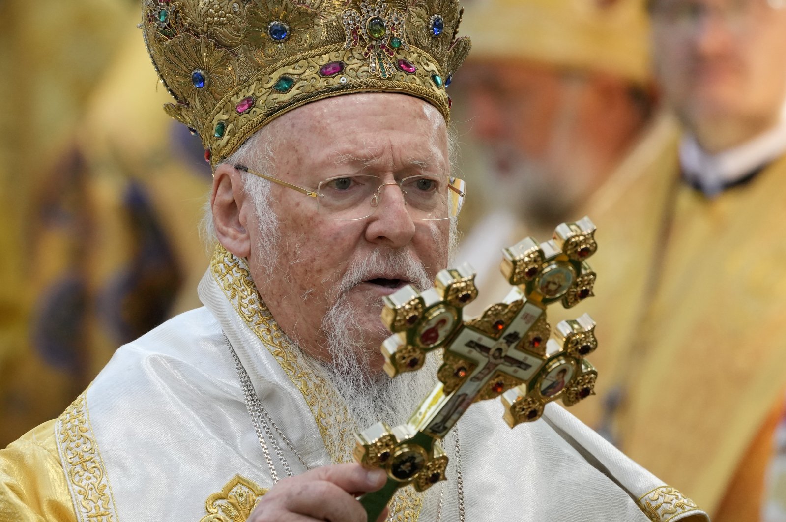 In this Sunday, Aug. 22, 2021 file photo, Patriarch Bartholomew I, the spiritual leader of the world's Orthodox Christians, leads a Mass at the St. Sofia Cathedral in Kyiv, Ukraine. (AP File Photo)