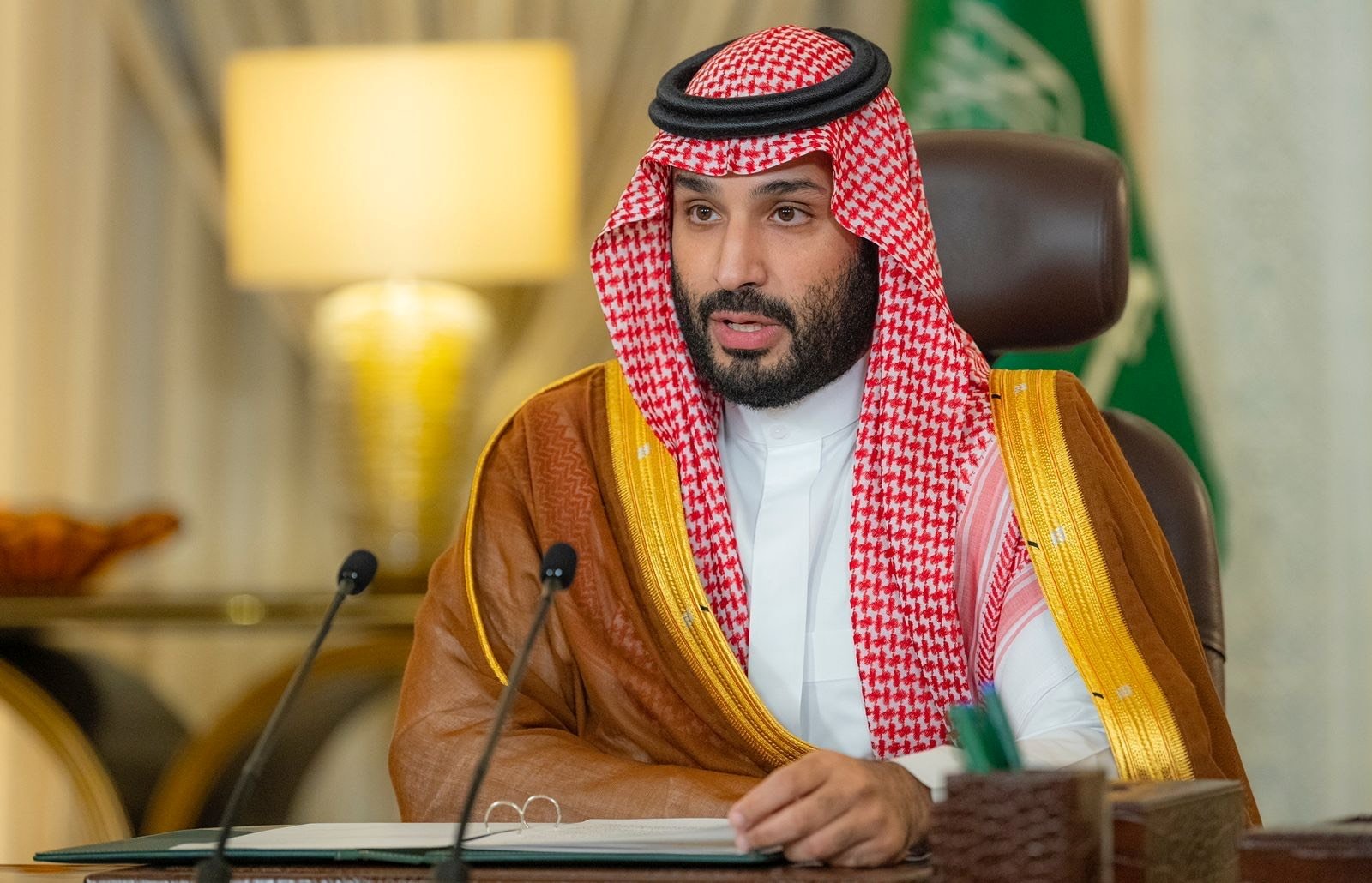 Saudi Crown Prince Mohammed bin Salman gives a speech from his office as he addresses the Saudi Green Initiative forum opening ceremony, in Riyadh, Saudi Arabia, Oct. 23, 2021. (Reuters Photo)