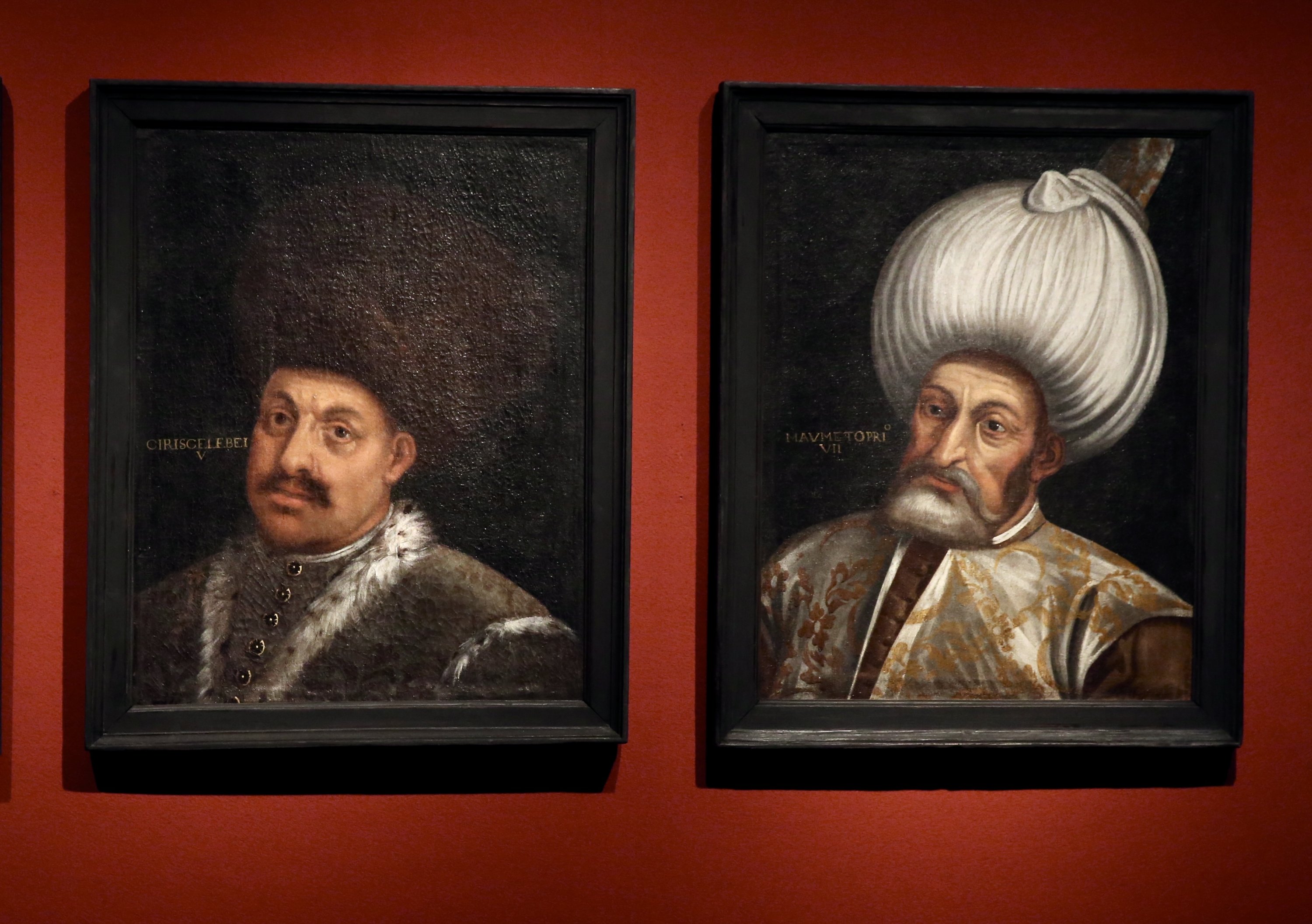 The portraits of Isa Çelebi (L) and Mehmed I on display at Christie’s, London, Oct. 22, 2021. (AA Photo) 