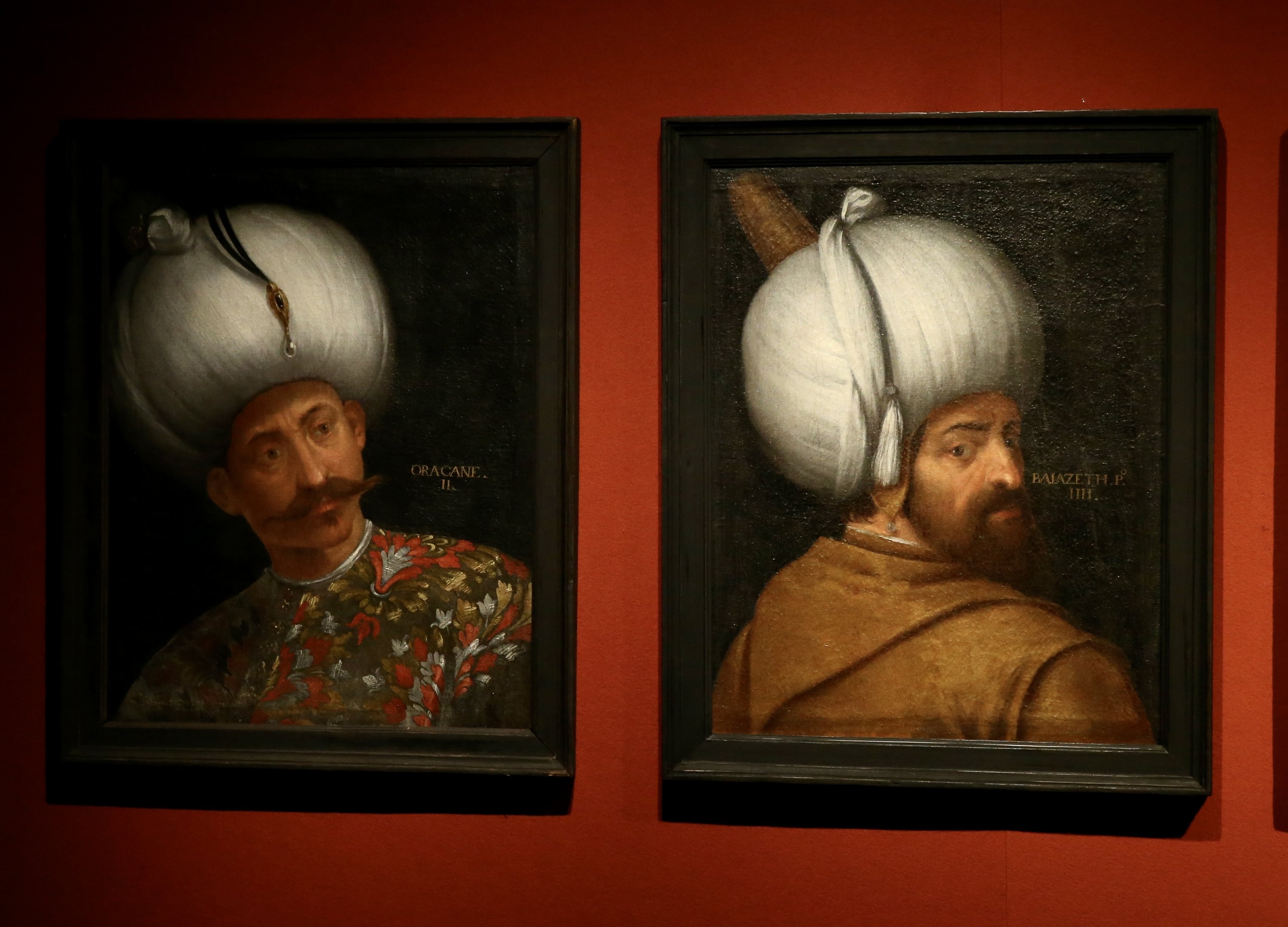 The portraits of Orhan Ghazi (L) and Bayezid I on display at Christie’s, London, Oct. 22, 2021. (AA Photo)