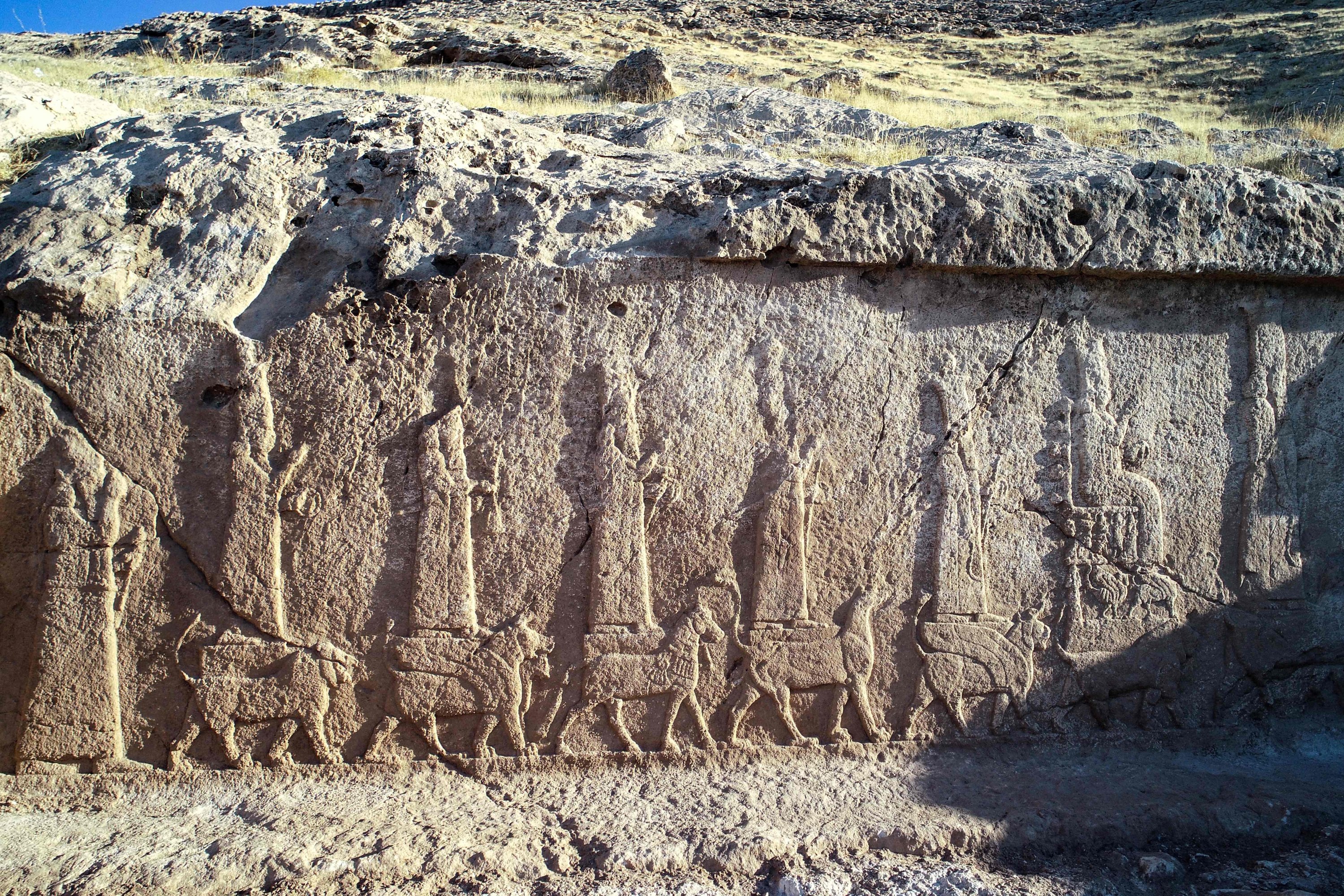 An undated handout picture provided by Terra Di Ninive on October 24, 2021, shows a view of carvings discovered on the walls of an ancient irrigation canal by a team of Kurdish and Italian archaeologists near Faydeh in the Nineveh area of northern Iraq. (AFP Photo) 