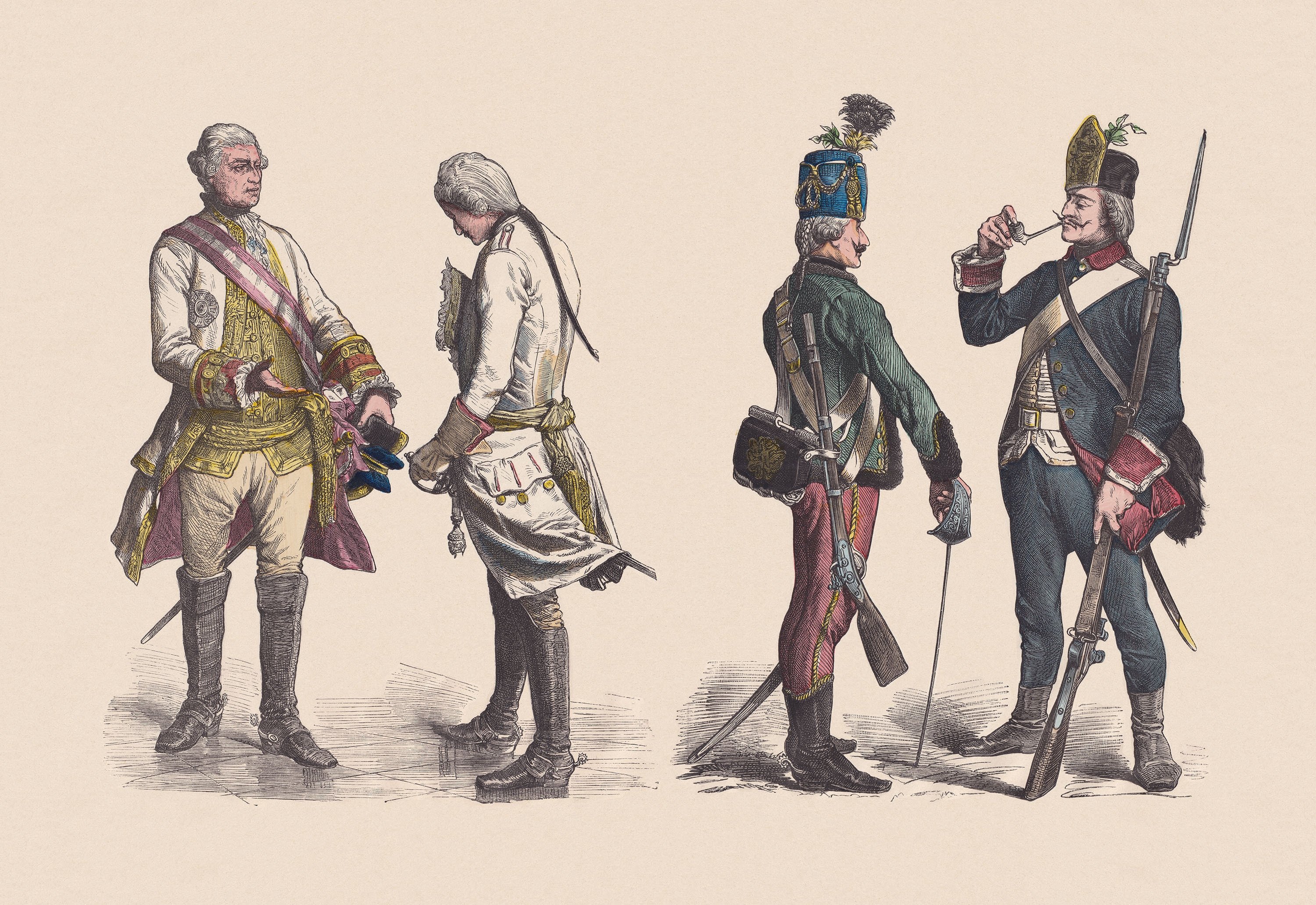 From left to right, Austrian military uniforms of generals, officers, hussars and infantrymen in the second half of the 18th century are depicted. (Wikimedia Photo)