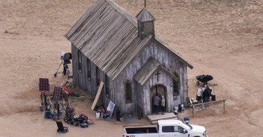 This aerial photo shows a film set at the Bonanza Creek Ranch in Santa Fe, New Mexico, U.S., Oct. 23, 2021. (AP Photo)