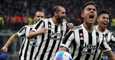 Juventus' Paulo Dybala (2nd R) and teammates celebrate a goal against Inter Milan in a Serie A match, Milan, Italy, Oct. 24, 2021. (AA Photo)