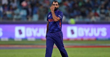 India's Mohammed Shami reacts during a Cricket Twenty20 World Cup match against Pakistan in Dubai, UAE, Oct. 24, 2021. (AP Photo)