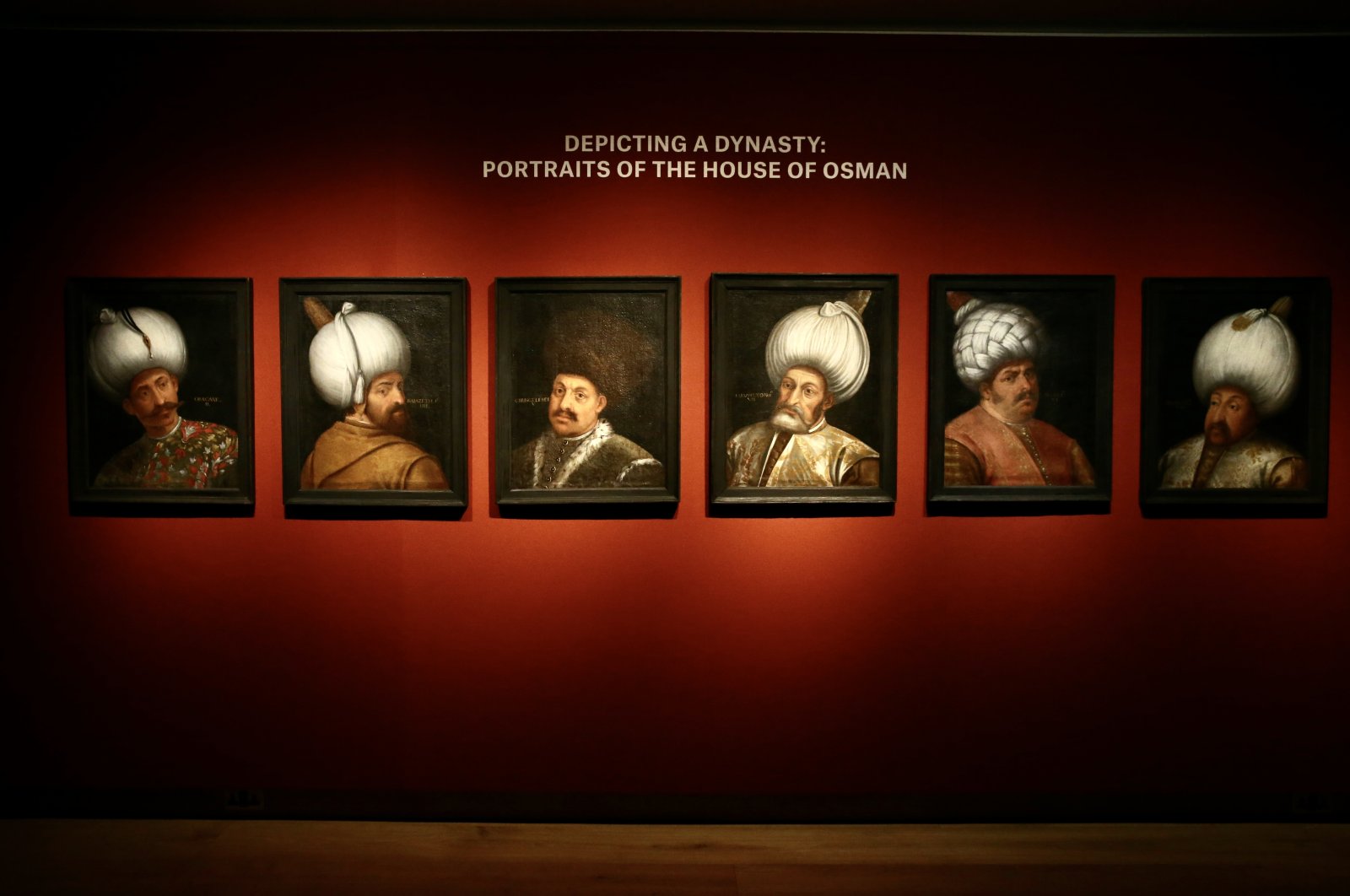 From left to right, the portraits of Ottoman sultans Orhan Ghazi, Bayezid I, Isa Çelebi, Mehmed I, Selim I and Selim II on display at Christie’s, London, Oct. 22, 2021. (AA Photo) 