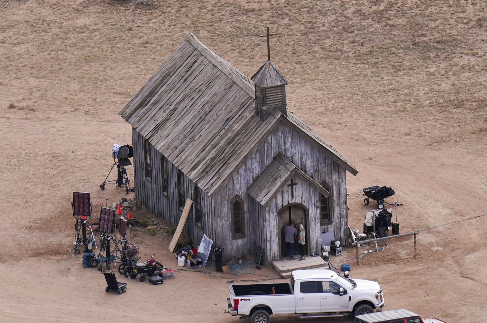 This aerial photo shows a film set at the Bonanza Creek Ranch in Santa Fe, New Mexico, U.S., Oct. 23, 2021. (AP Photo)