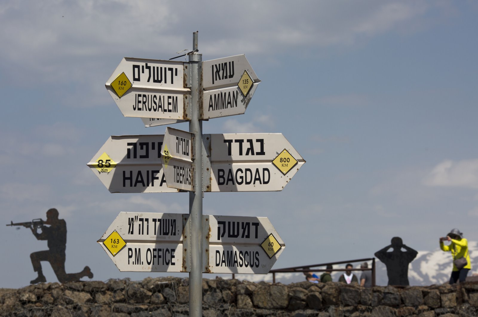 People take photographs next to a mock road sign pointing to Damascus, the capital of Syria, and other cities at an old outpost in the Israeli controlled Golan Heights near the border with Syria, March 22, 2019. (AP Photo)