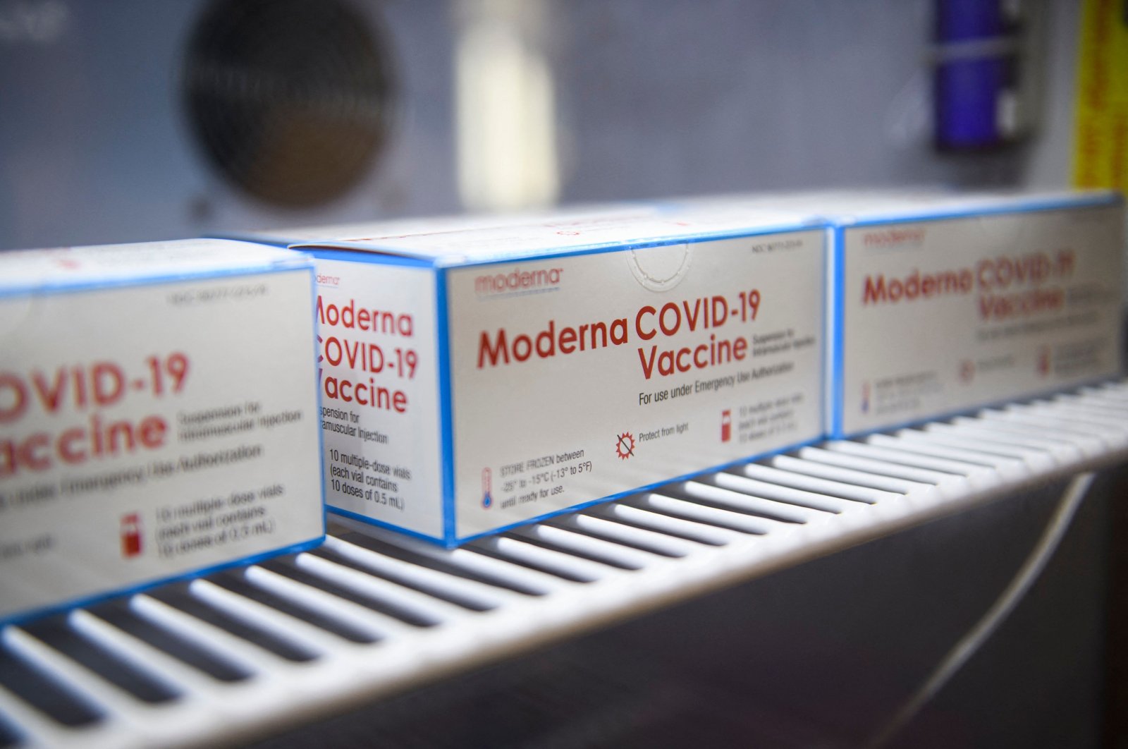 Boxes containing vials of the Moderna COVID-19 vaccine line the shelves at the Kedren Community Health Center in Los Angeles, California, Oct. 14, 2021. (AFP Photo)