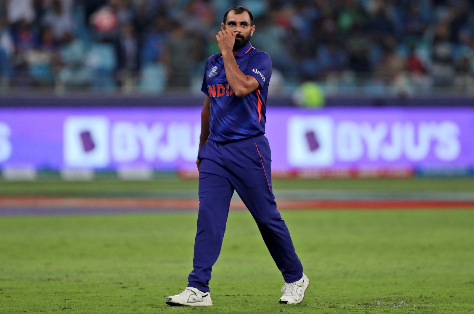 India's Mohammed Shami reacts during a Cricket Twenty20 World Cup match against Pakistan in Dubai, UAE, Oct. 24, 2021. (AP Photo)