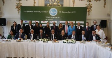 Istanbul Economy Summit Chairperson of the Board Kürşad Tüzmen and other executives pose for a photo during a press meeting in Istanbul, Turkey, Oct. 26, 2021. (Courtesy of Istanbul Economy Summit)