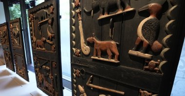 The doors of King Glele's palace, from Benin 19th century, pictured at the Quai Branly – Jacques Chirac museum, in Paris, France, Oct. 25, 2021. (AP Photo)