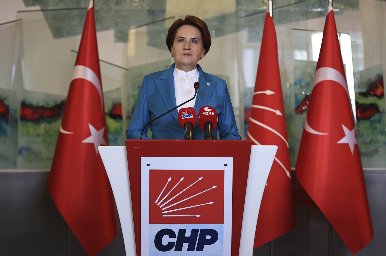 Good Party (IP) Chairperson Meral Akşener speaks at a press conference after a meeting with the main opposition center-left Republican People's Party (CHP) Chairperson Kemal Kılıçdaroğlu in the capital Ankara, Turkey, Oct. 20, 2021. (AA Photo)
