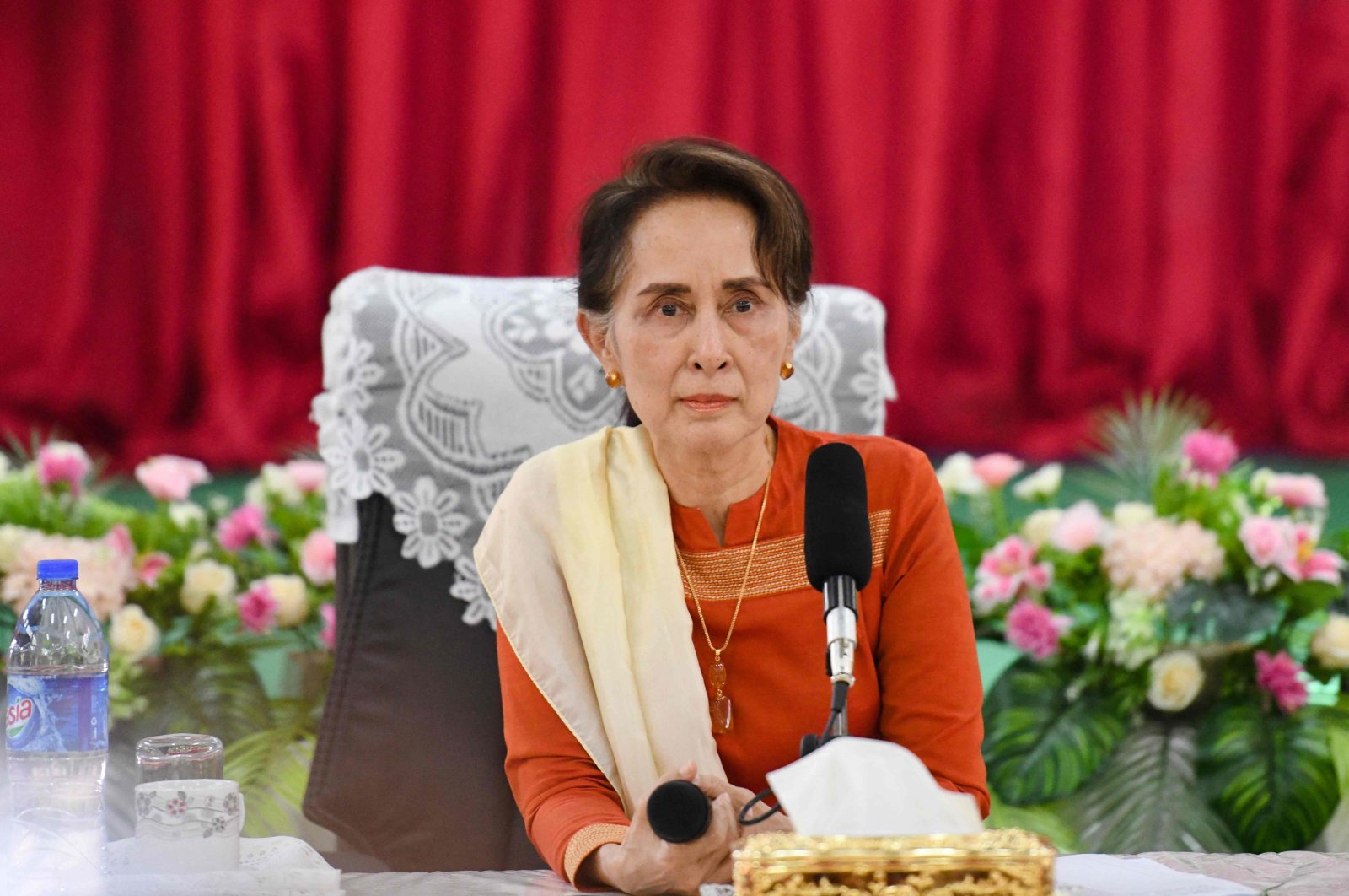 This file photo shows Myanmar State Counselor Aung San Suu Kyi listening to a question from local people during a visit to Thayarwaddy township, Bago Region, Myanmar, March 14, 2019. (AFP Photo)