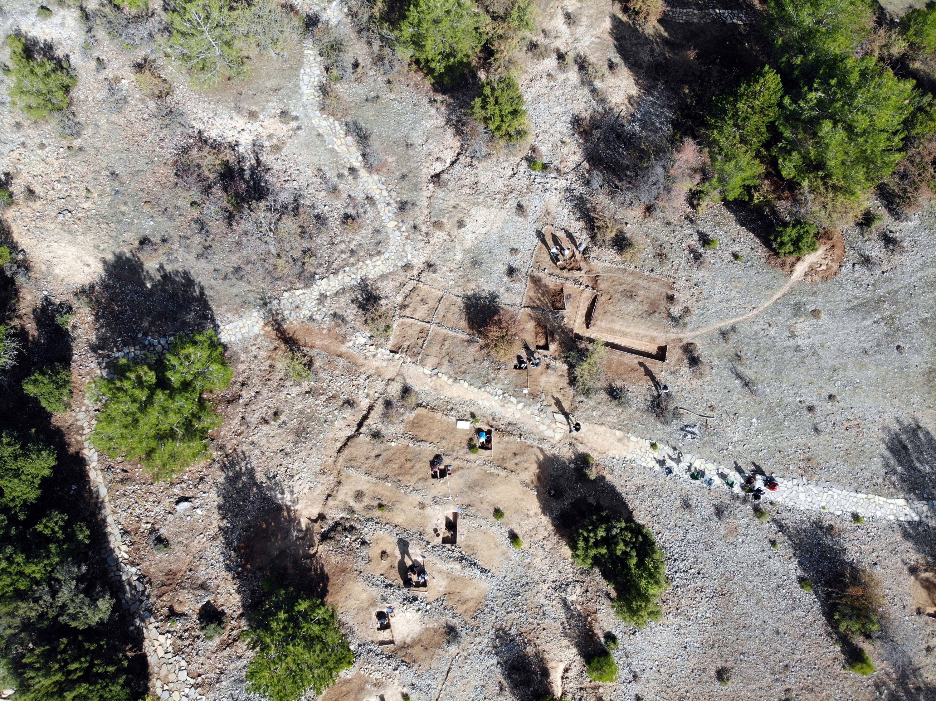 An aerial photo showing the excavation site near Kaklıca Tepe, in the Özlüce District of Muğla in Turkey. (Photo by AA)