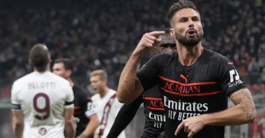 AC Milan's Olivier Giroud celebrates after scoring in a Serie A match against Torino at the San Siro stadium, Milan, Italy, Oct. 26, 2021. (AP Photo)