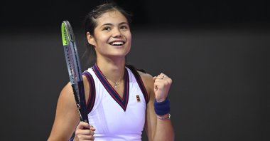 Britain's Emma Raducanu celebrates after defeating Slovenia's Polona Hercog at the Transylvania Open WTA tournament in Cluj, Romania, Oct. 26, 2021. (AP Photo)