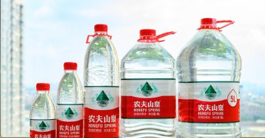 This illustration show bottles of Nongfu Spring water from small to large, Sept. 10,2020, Zhongshan, Guangdong, China (Shutterstock Photo).