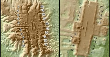A lidar-based aerial view from June 2021 of the ancient Olmec site of San Lorenzo (L) in Mexico's Veracruz state and the Preclassic site of Aguada Fenix in Mexico's Tabasco state in the western Maya area, with newly identified structures numbered, are seen in this handout image. (Takeshi Inomata/Handout via Reuters)