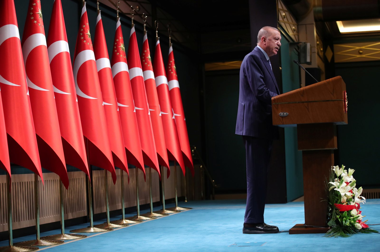 President Recep Tayyip Erdoğan addresses the media after a cabinet meeting in Ankara, Turkey, Oct. 25, 2021. (Reuters Photo)