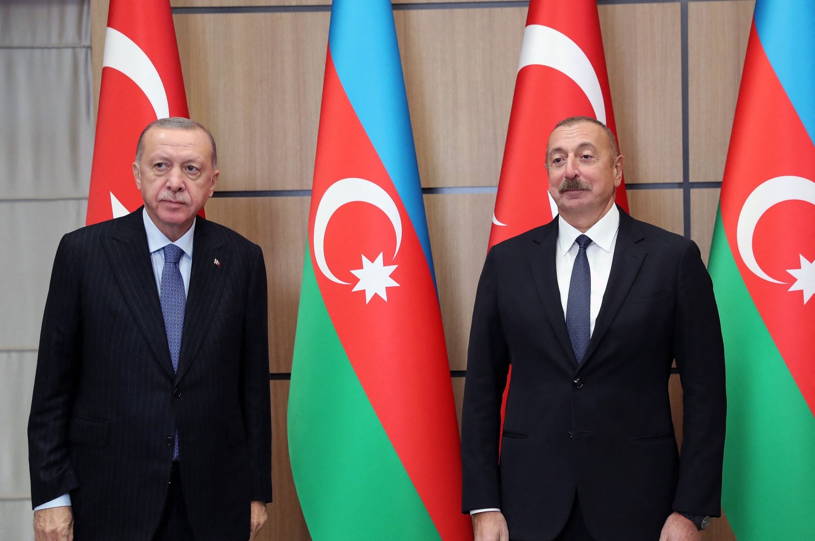  President Recep Tayyip Erdoğan (R) and Azerbaijan's President Ilham Aliyev (L) are seen during an official ceremony in Zangilan, Azerbaijan, Oct. 26, 2021. (AFP Photo)