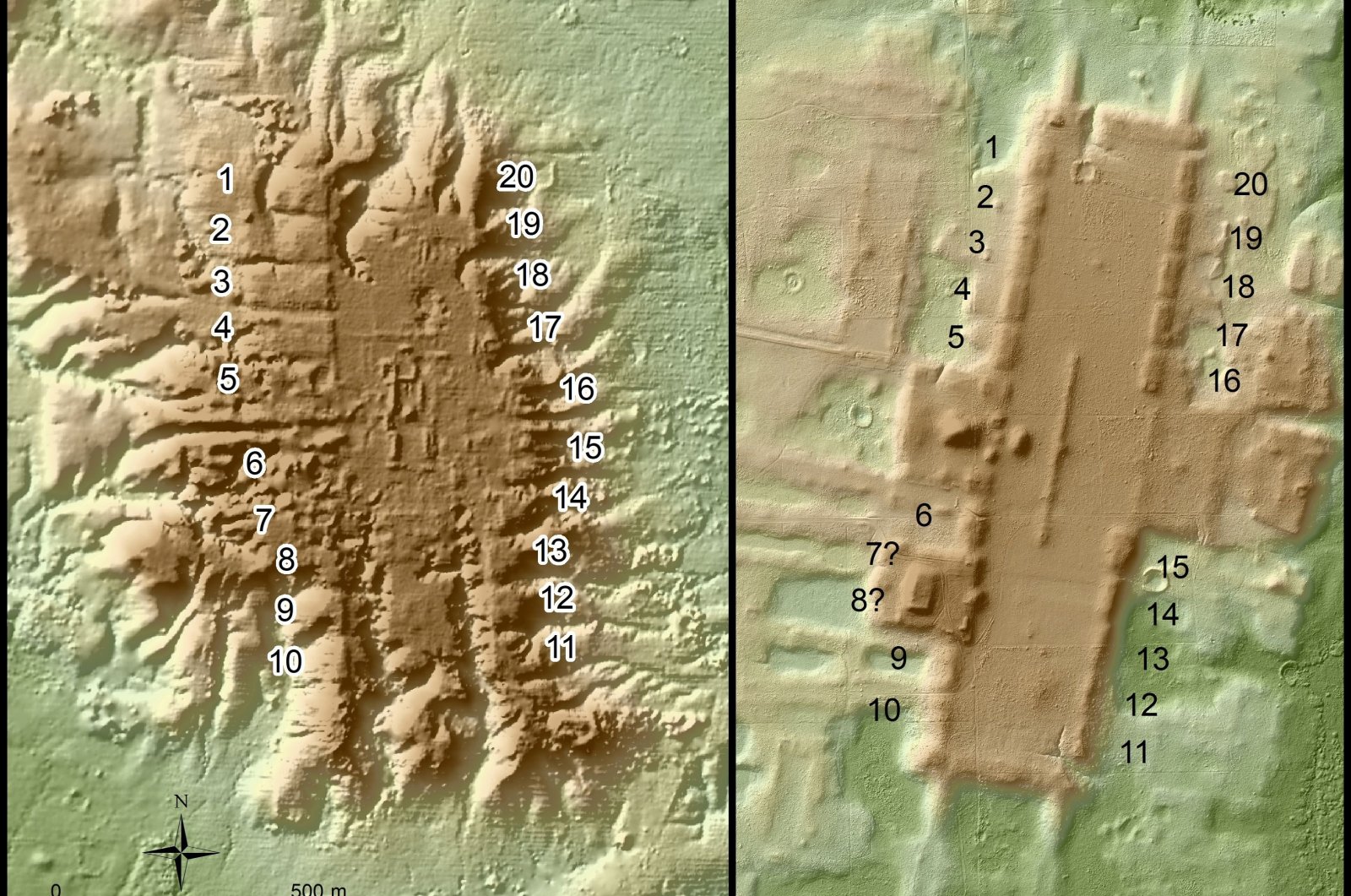 A lidar-based aerial view from June 2021 of the ancient Olmec site of San Lorenzo (L) in Mexico's Veracruz state and the Preclassic site of Aguada Fenix in Mexico's Tabasco state in the western Maya area, with newly identified structures numbered, are seen in this handout image. (Takeshi Inomata/Handout via Reuters)