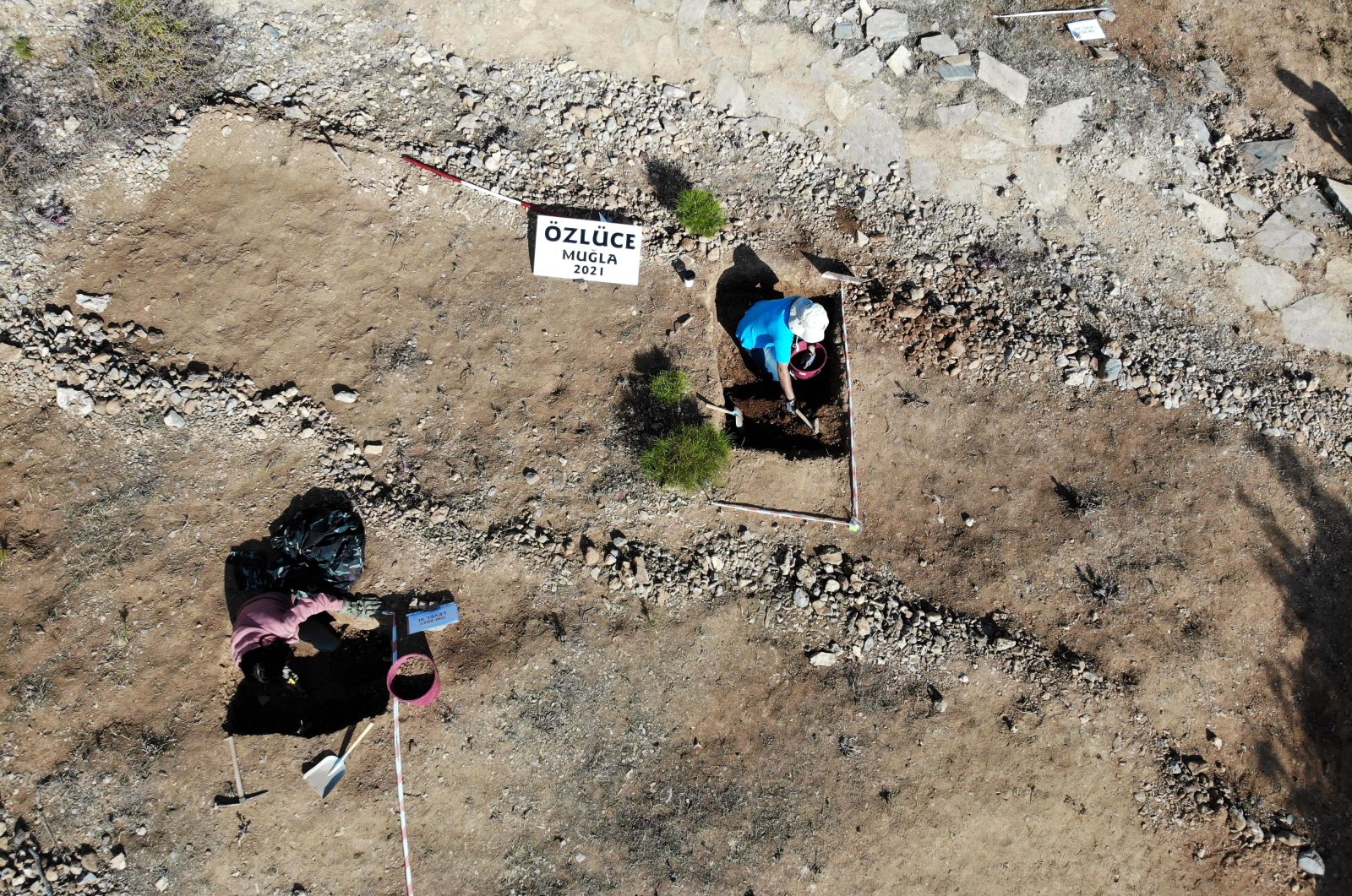 An aerial photo showing the excavation site near Kaklıca Tepe, in the Özlüce District of Muğla in Turkey. (Photo by AA)