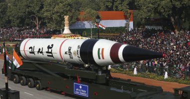 The long range ballistic Agni-V missile is displayed during Republic Day parade, in New Delhi, India, Jan. 26, 2013. (AP Photo)