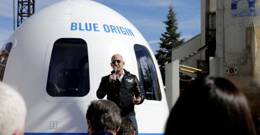 Amazon and Blue Origin founder Jeff Bezos addresses the media about the New Shepard rocket booster and Crew Capsule mockup at the 33rd Space Symposium in Colorado Springs, Colorado, United States, April 5, 2017. (Photo by Reuters)