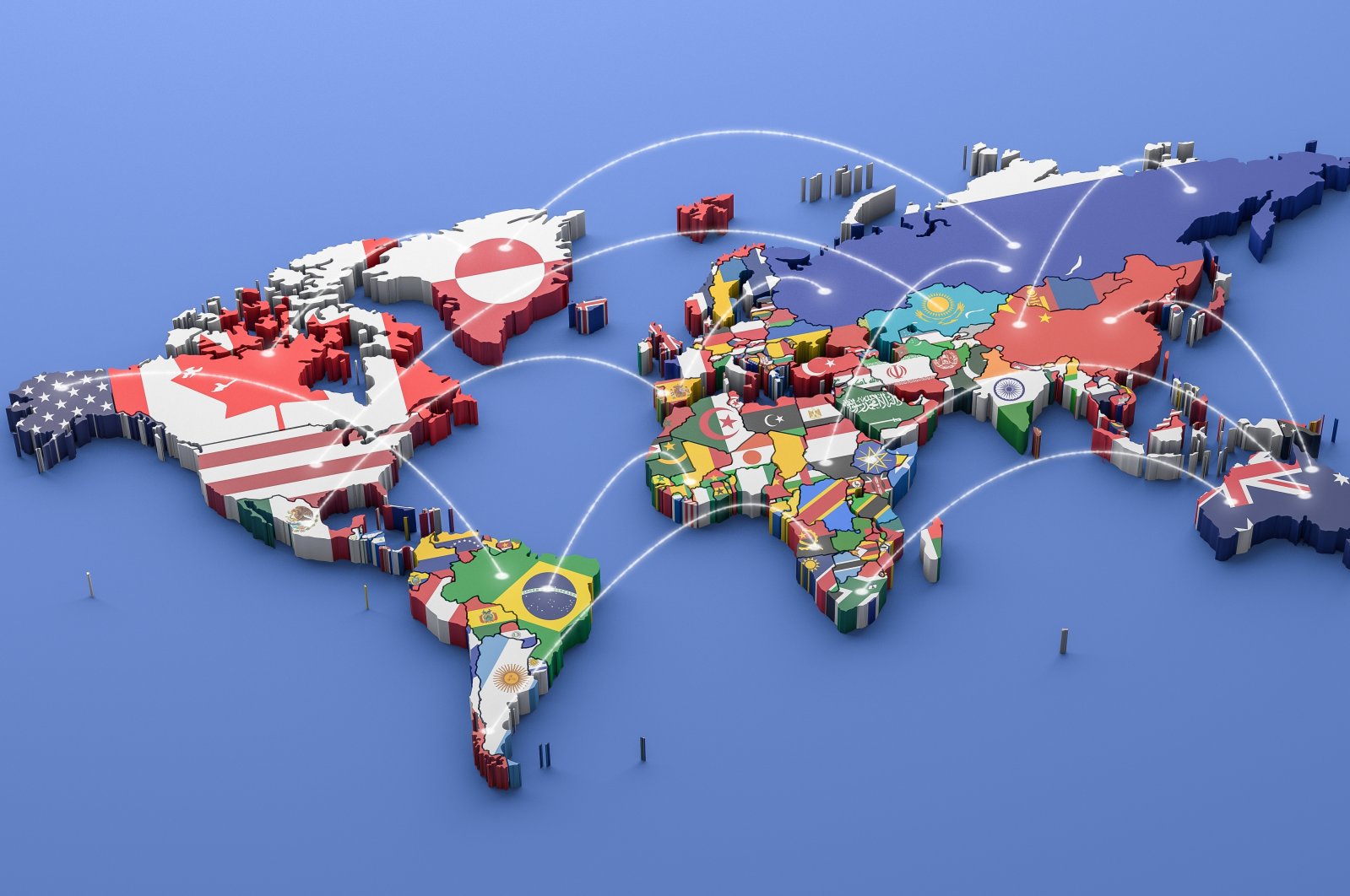 A photo illustration of the world map featuring the flags of nations. (Photo by Shutterstock)
