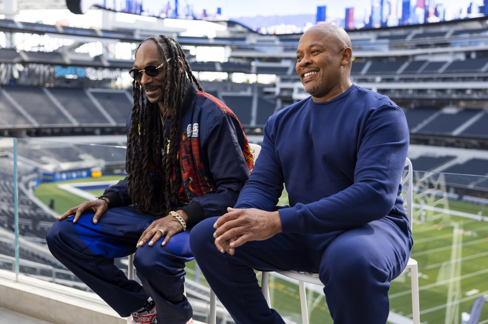 Snoop Dogg (L) and Dr. Dre are interviewed for the Pepsi Super Bowl LVI Halftime Show announcement at SoFi Stadium in Inglewood, California, U.S., Sept. 29, 2021. (NFL via AP, File)