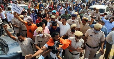 Police stand guard to secure the site of Friday prayers amid protests by Hindu right-wing groups in Gurgaon, India, Oct. 29, 2021. (AFP Photo)