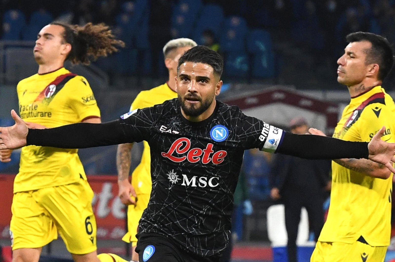 Napoli's Lorenzo Insigne celebrates scoring from the spot in a Serie A match against Bologna in Naples, Italy, Oct. 28, 2021. (EPA Photo)