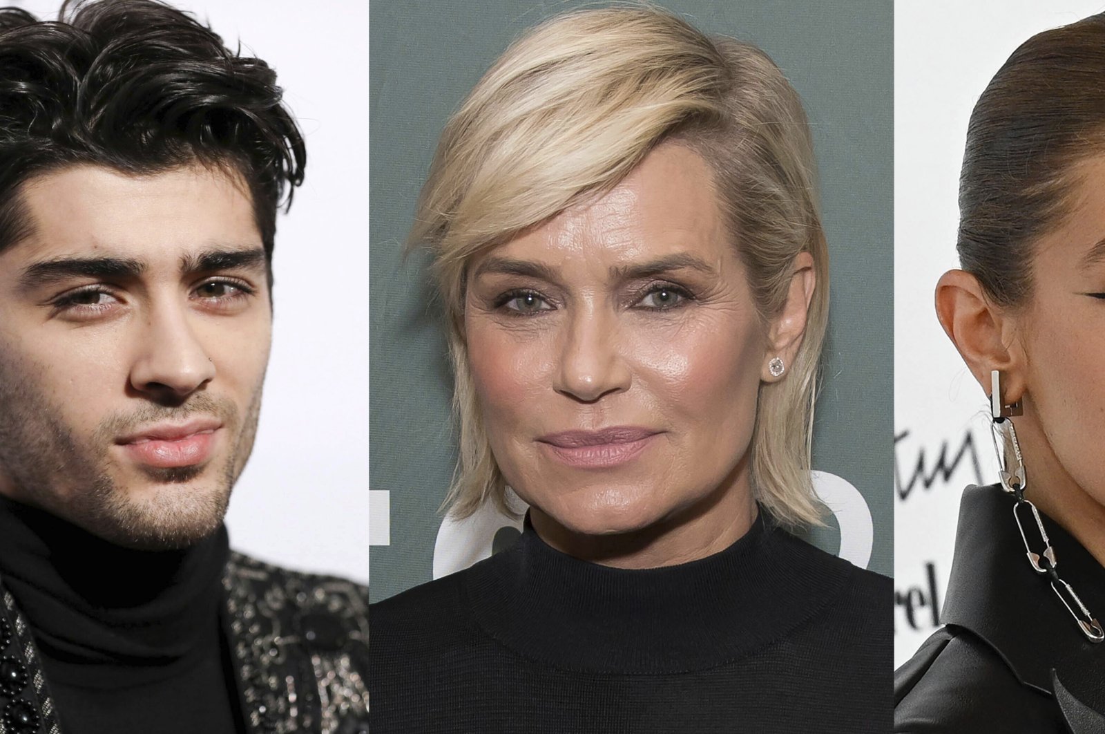 The photo combination shows singer Zayn Malik (L) at the Clive Davis and The Recording Academy Pre-Grammy Gala in Beverly Hills, California, U.S., Feb. 11, 2017; model Yolanda Hadid at a book signing for her memoir "Believe Me" in New York on Sept. 13, 2017 (C) and model Gigi Hadid at the Daily Front Row Fashion Media Awards in New York, U.S., Sept. 9, 2021.  (AP Photo)