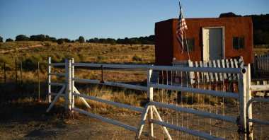 The entrance to the Bonanza Creek Ranch where the film "Rust" was filming in Santa Fe, New Mexico, Oct. 29, 2021. (AFP Photo)