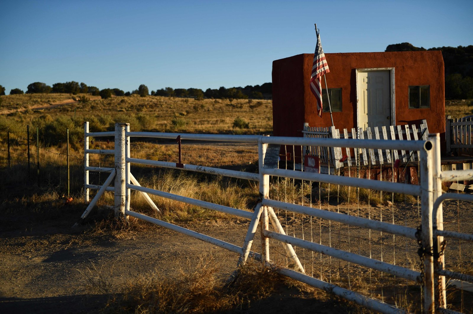 The entrance to the Bonanza Creek Ranch where the film "Rust" was filming in Santa Fe, New Mexico, Oct. 29, 2021. (AFP Photo)
