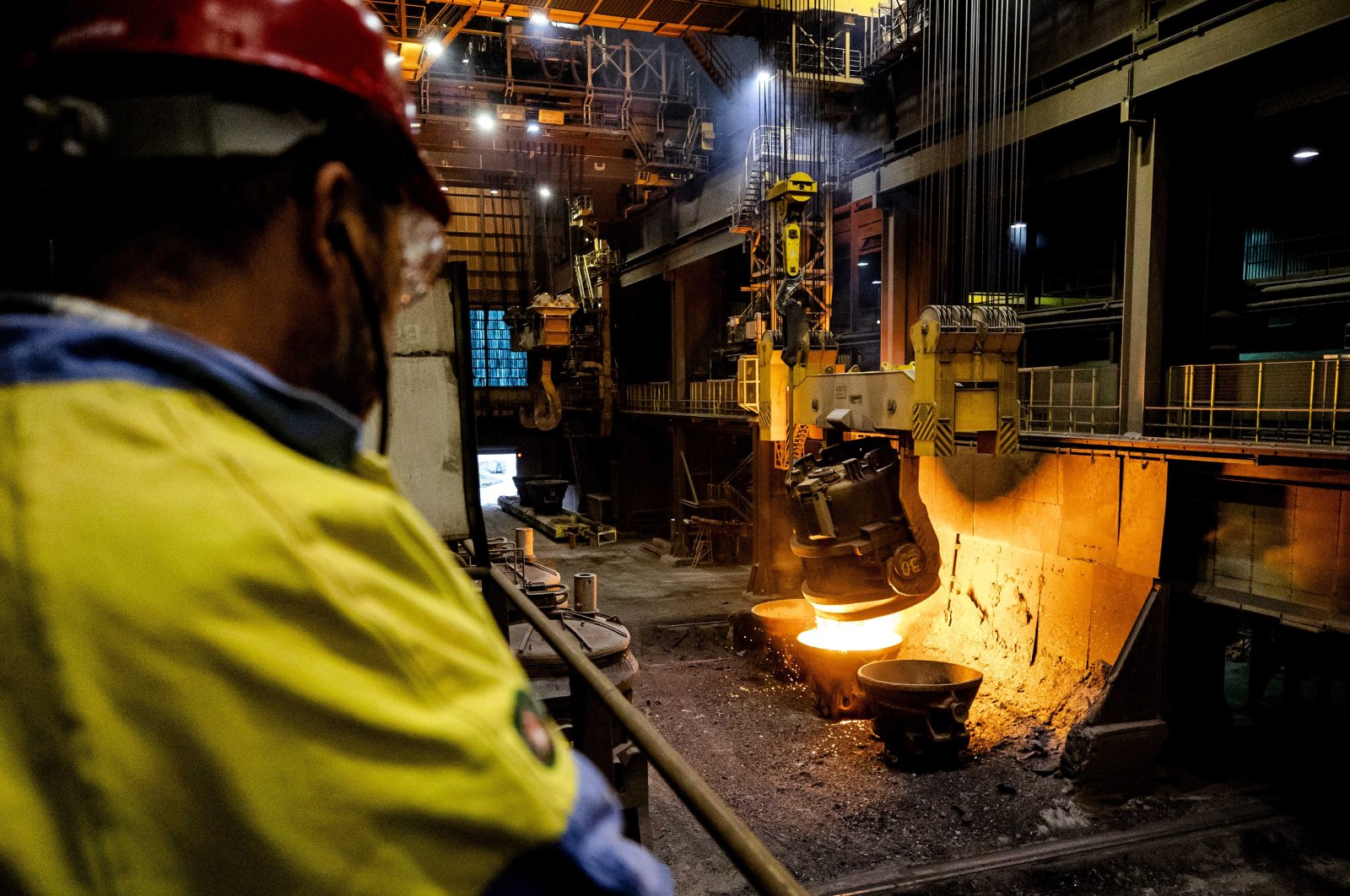 A picture made available on Oct. 21, 2021, shows residual slag being cast off in the Tata Steel factory in Ijmuiden, the Netherlands. (EPA Photo)