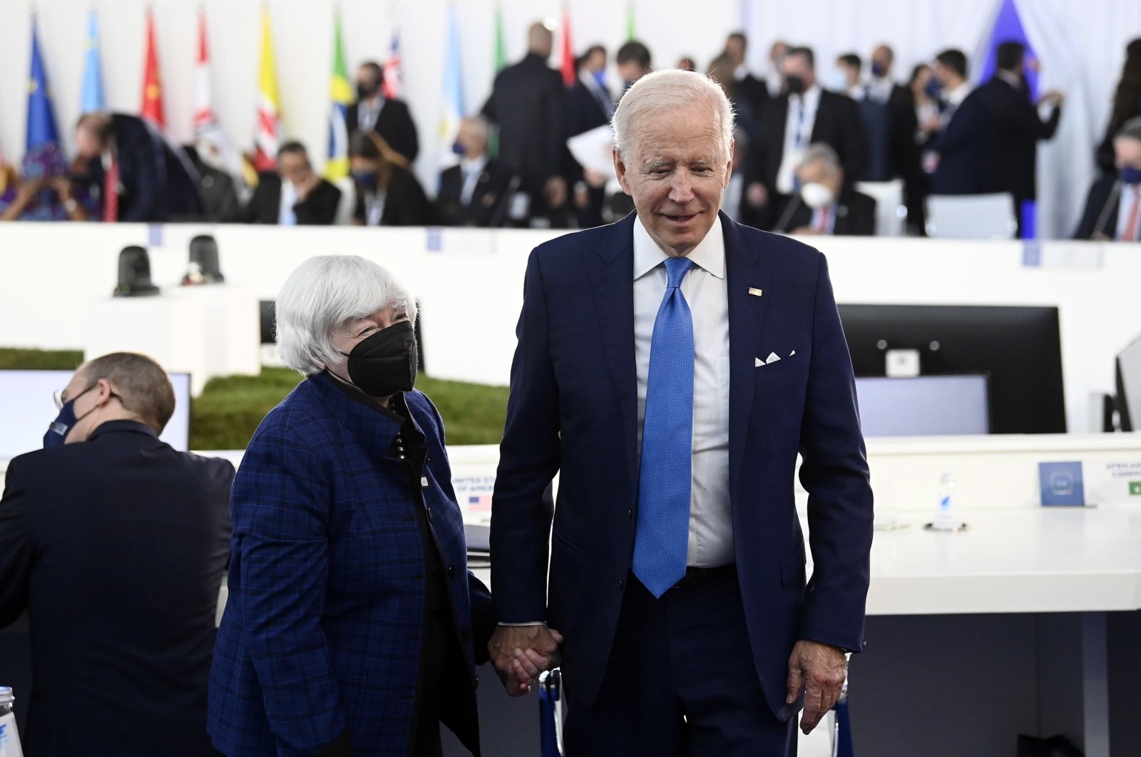 U.S. President Joe Biden (R) with U.S. Secretary of the Treasury Janet Yellen (2L) during the plenary session at the G-20 Summit in Rome, Italy, Oct. 30, 2021, to discuss climate change, COVID-19 and the post-pandemic global recovery. (EPA Photo)