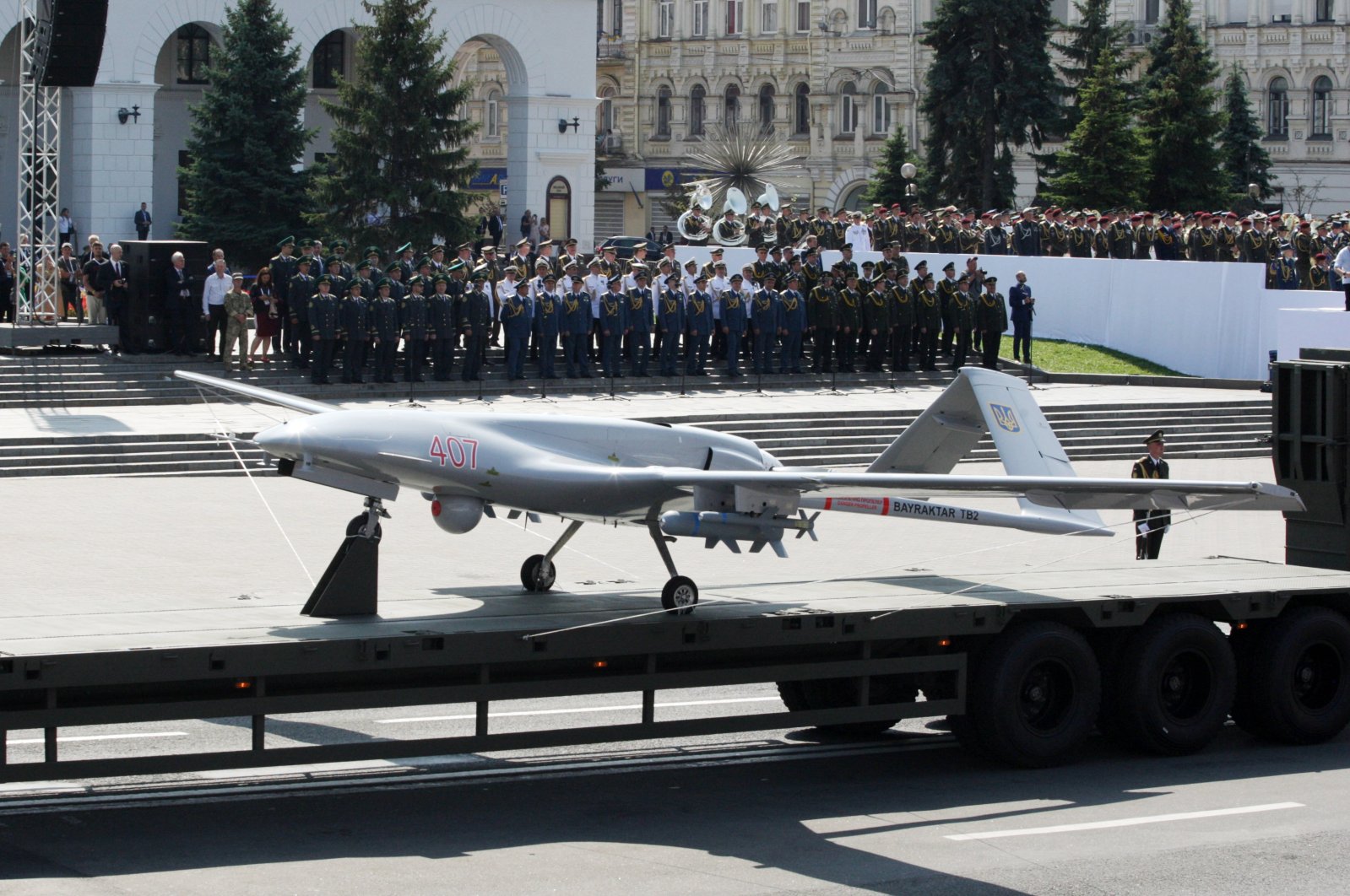 A Bayraktar drone of the Ukrainian air force is presented in a military parade in Kyiv, Ukraine, Aug. 25, 2021. (AA Photo)