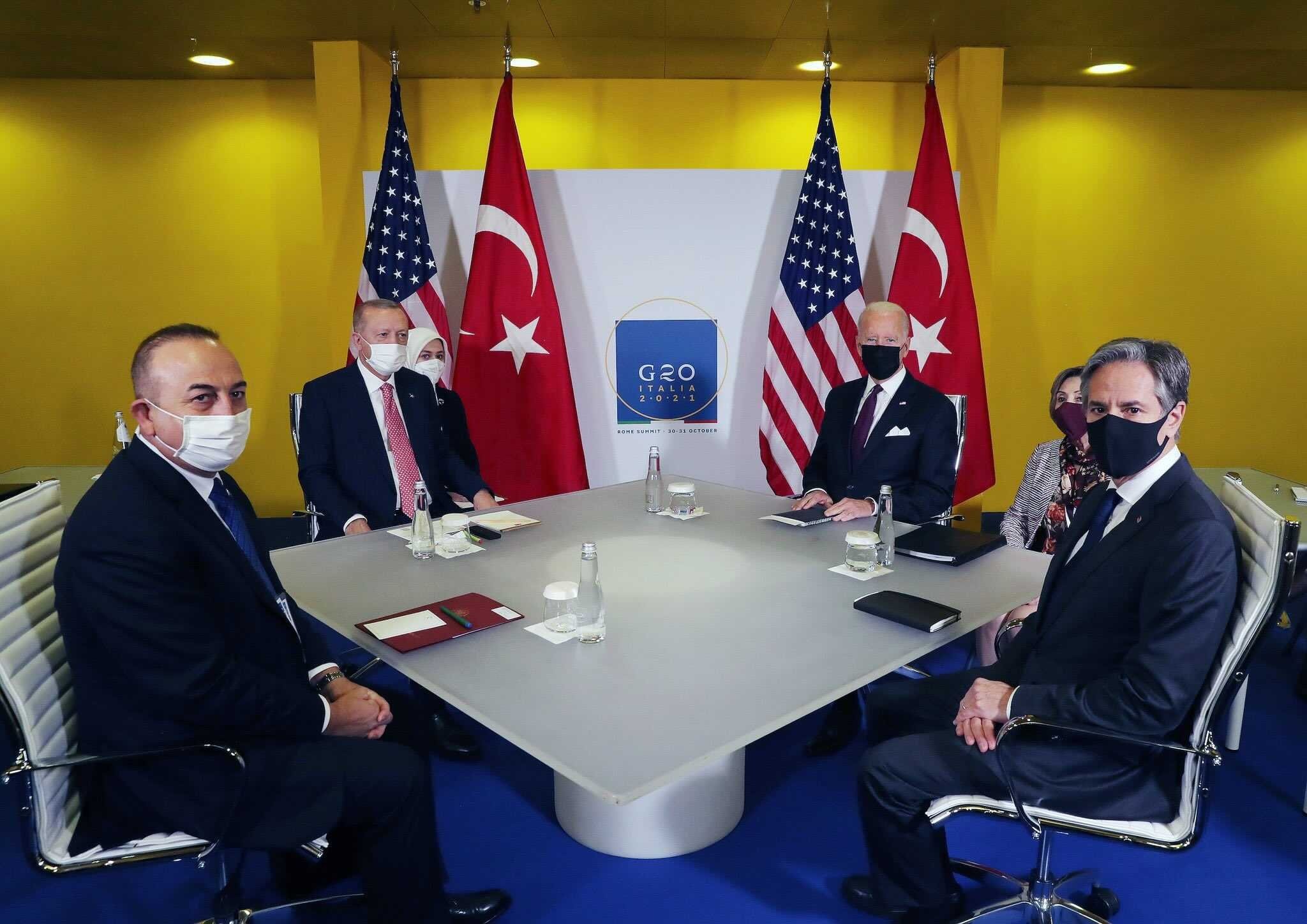 From left to right, Foreign Minister Mevlüt Çavuşoğlu, President Recep Tayyip Erdoğan, U.S. President Joe Biden and U.S. Foreign Minister Antony Blinken during their meeting in Rome, Italy, Oct. 31, 2021.