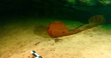 A wooden canoe used by the ancient Maya and believed to be over a thousand years old is pictured in a freshwater pool known as a cenote and found during the archeological work accompanying the construction of a controversial new tourist train, in the state of Yucatan, Mexico, Oct. 29, 2021. (INAH via REUTERS)