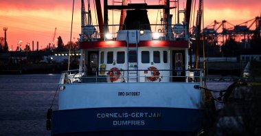 A British trawler Cornelis Gert Jan is seen moored in the port of Le Havre, after France seized on Thursday a British trawler fishing in its territorial waters without a license, in Le Havre, France, Oct. 29, 2021. (Reuters Photo)