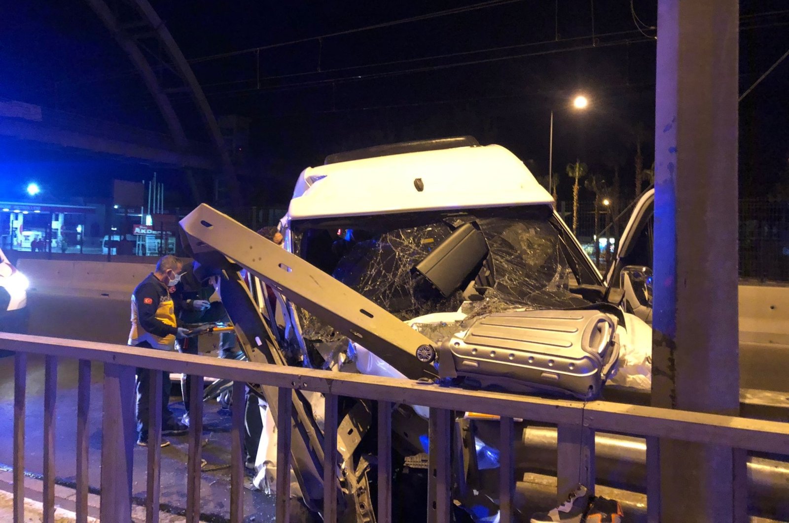 The minibus is seen after the crash in Antalya's Aksu on Oct. 30, 2021 (IHA Photo)