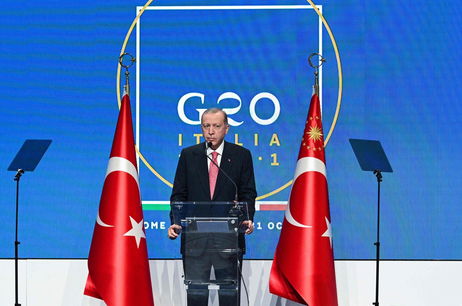 Turkish President Recep Tayyip Erdoğan addresses a press conference at the end of the G-20 summit, at the convention center La Nuvola, Rome, Italy, on Oct. 31, 2021. (AFP Photo)