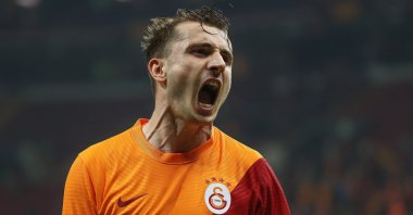 Galatasaray attacker Kerem Aktürkoğlu celebrates scoring a goal against Gaziantep in a Süper Lig match, Istanbul, Turkey, Oct. 31, 2021. (AA Photo)